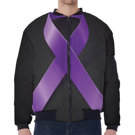 Purple All Cancer Awareness Ribbon Print Zip Sleeve Bomber Jacket