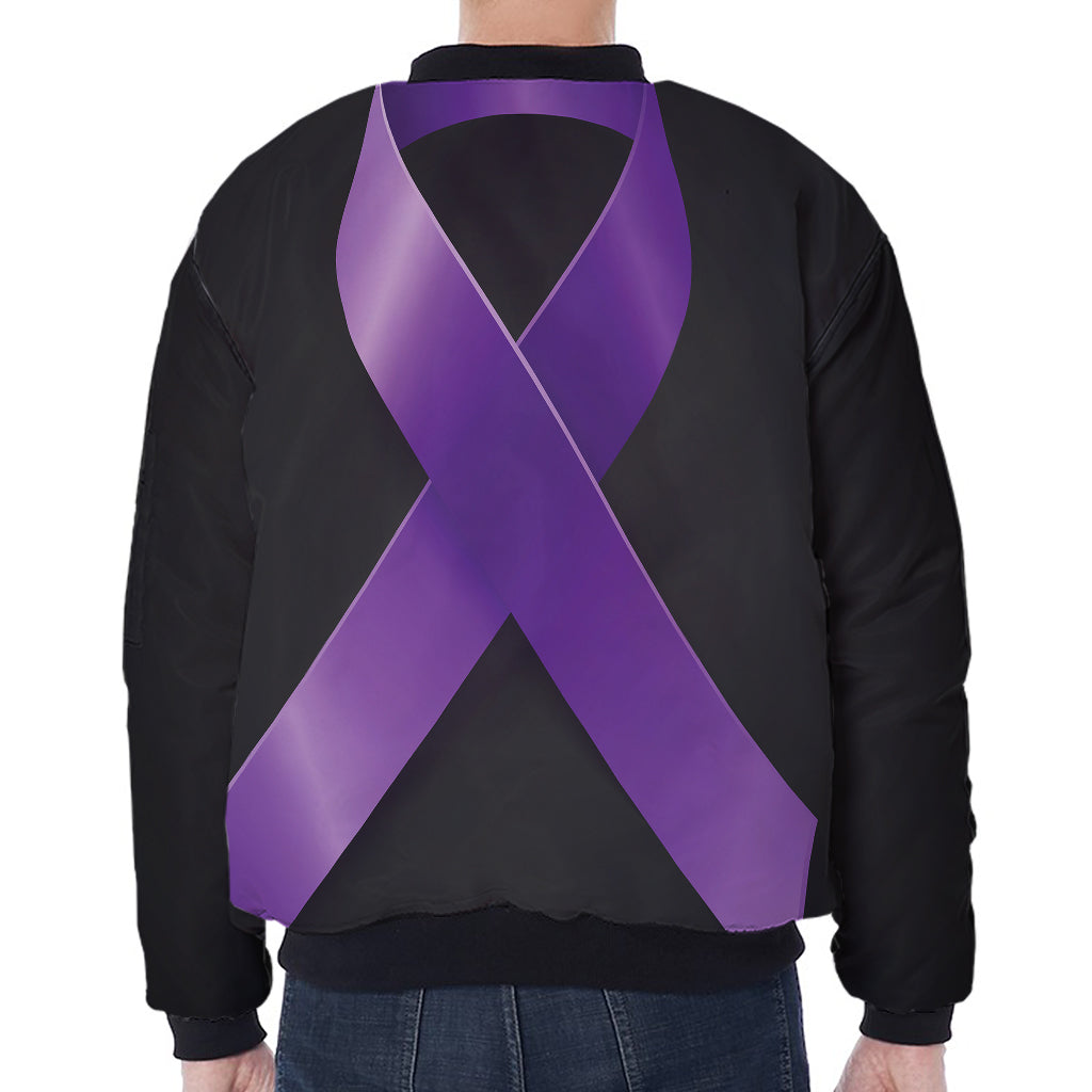 Purple All Cancer Awareness Ribbon Print Zip Sleeve Bomber Jacket