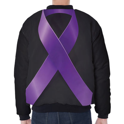 Purple All Cancer Awareness Ribbon Print Zip Sleeve Bomber Jacket