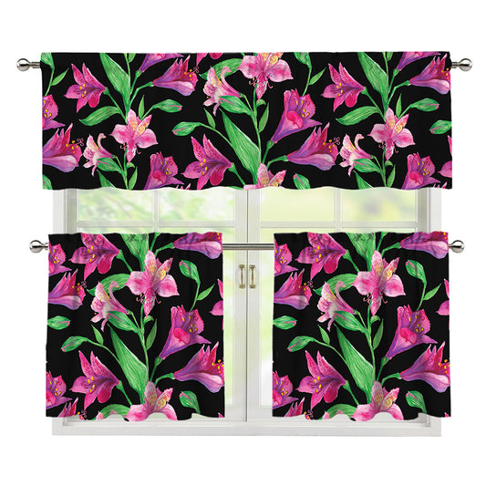 Purple Alstroemeria Pattern Print 3 Piece Kitchen Curtains