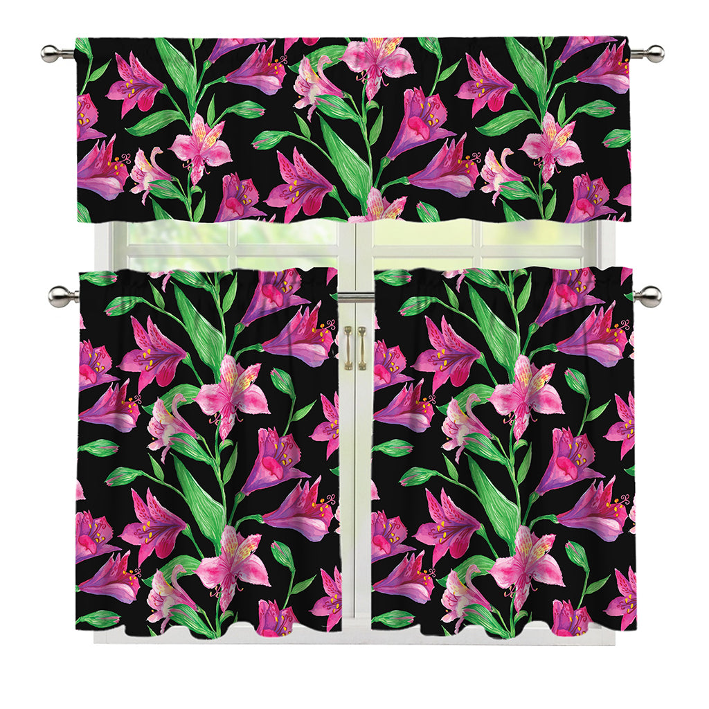 Purple Alstroemeria Pattern Print 3 Piece Kitchen Curtains