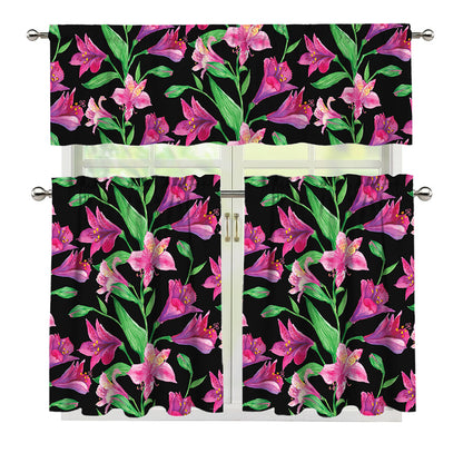Purple Alstroemeria Pattern Print 3 Piece Kitchen Curtains