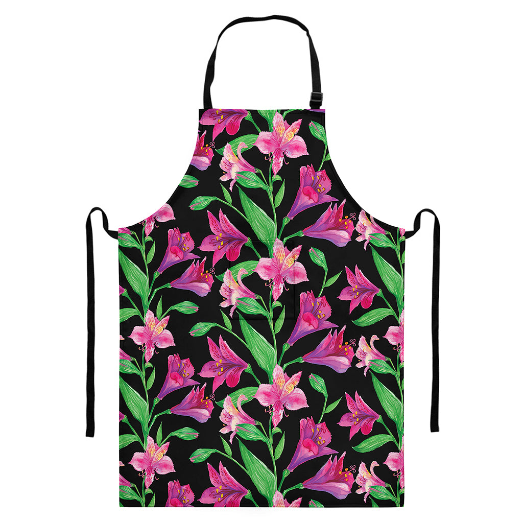 Purple Alstroemeria Pattern Print Bib Apron With Pocket