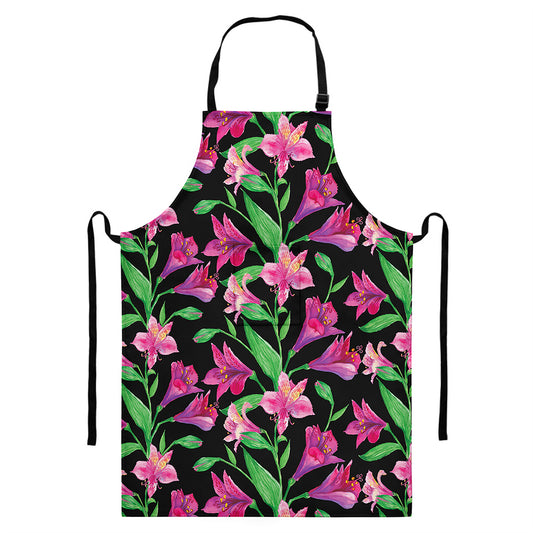 Purple Alstroemeria Pattern Print Bib Apron With Pocket
