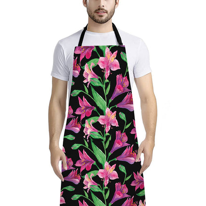 Purple Alstroemeria Pattern Print Bib Apron With Pocket