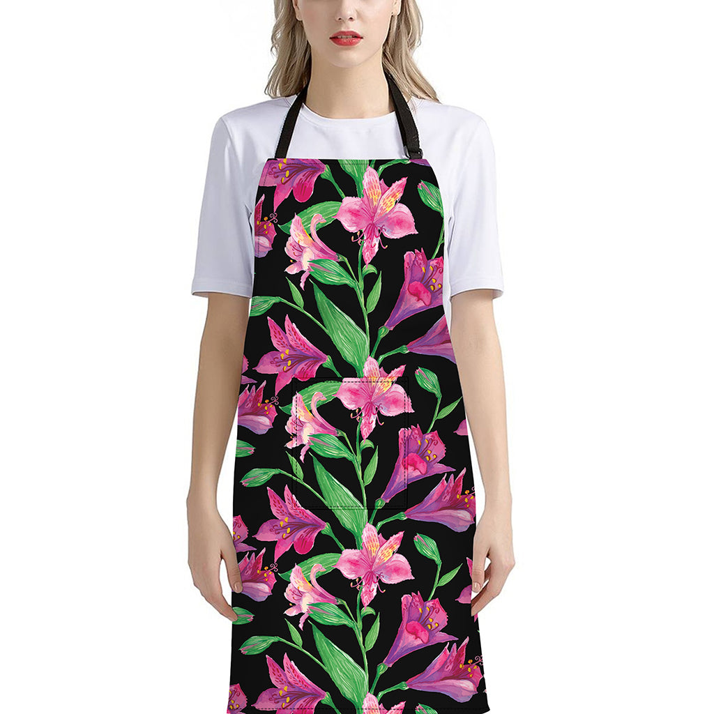Purple Alstroemeria Pattern Print Bib Apron With Pocket