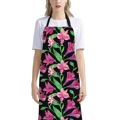 Purple Alstroemeria Pattern Print Bib Apron With Pocket