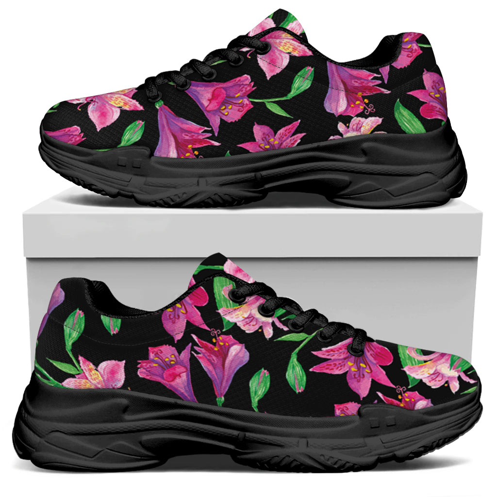 Purple Alstroemeria Pattern Print Black Chunky Shoes