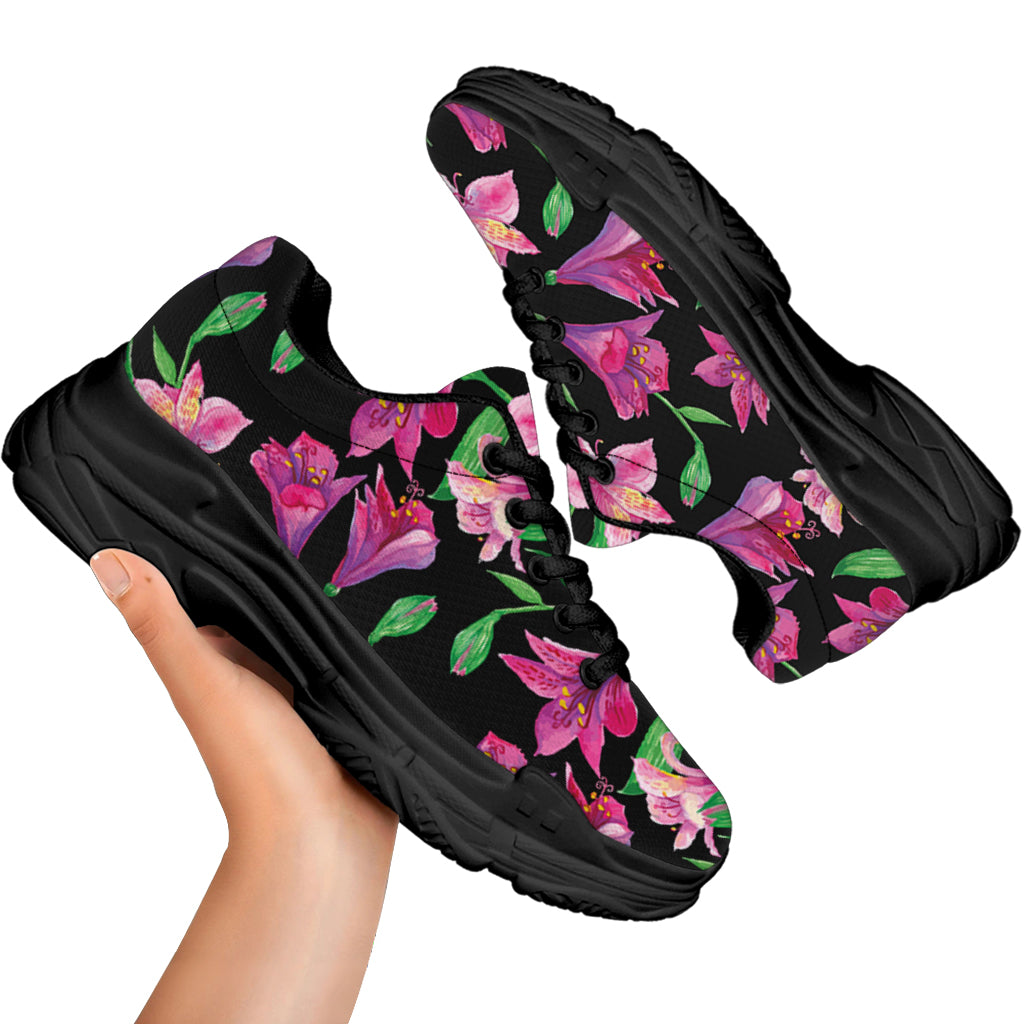 Purple Alstroemeria Pattern Print Black Chunky Shoes