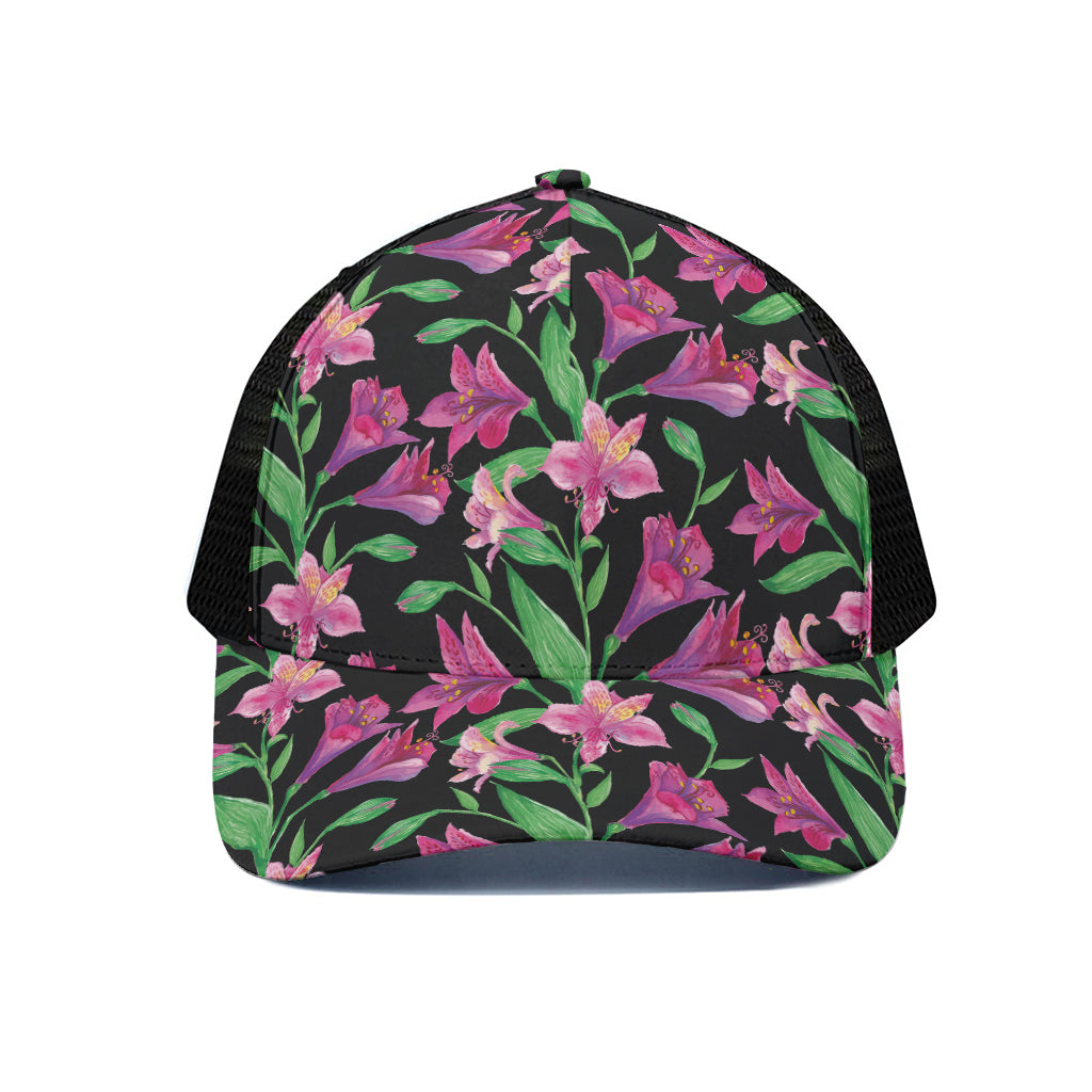 Purple Alstroemeria Pattern Print Black Mesh Trucker Cap