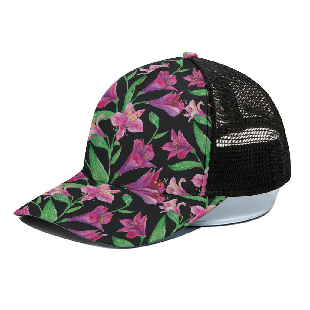 Purple Alstroemeria Pattern Print Black Mesh Trucker Cap