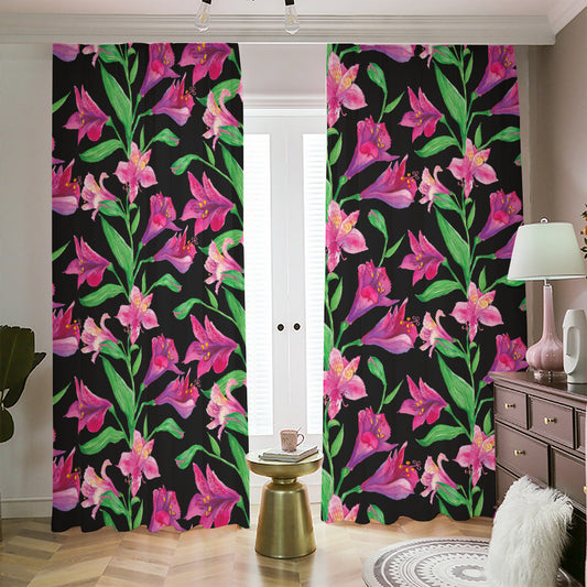 Purple Alstroemeria Pattern Print Blackout Pencil Pleat Curtains