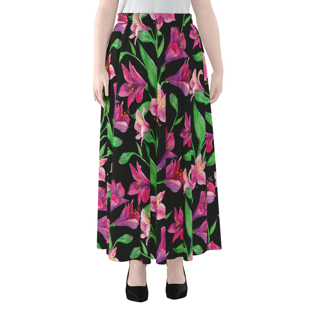 Purple Alstroemeria Pattern Print Chiffon Maxi Skirt