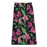 Purple Alstroemeria Pattern Print Cotton Front Slit Maxi Skirt