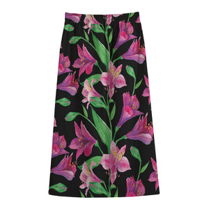 Purple Alstroemeria Pattern Print Cotton Front Slit Maxi Skirt