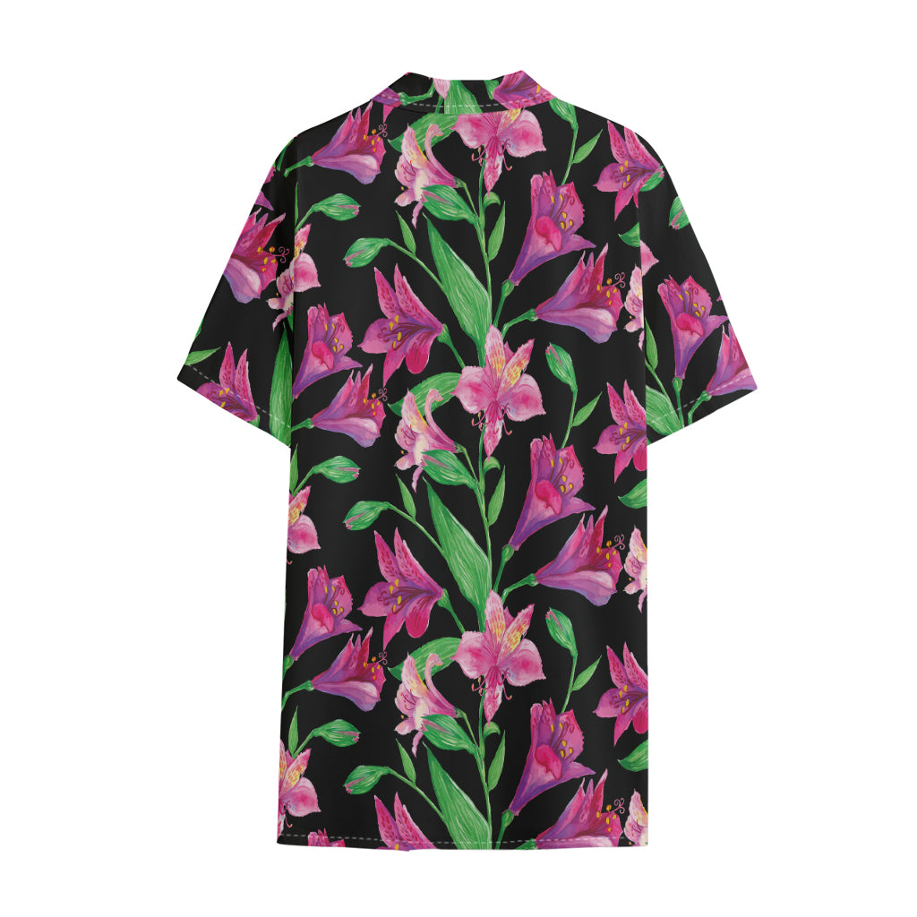 Purple Alstroemeria Pattern Print Cotton Hawaiian Shirt