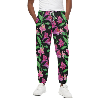 Purple Alstroemeria Pattern Print Cotton Pants
