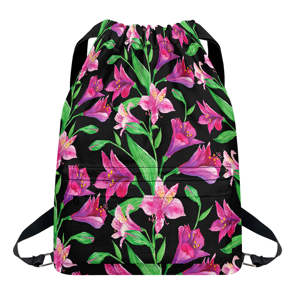 Purple Alstroemeria Pattern Print Drawstring Backpack