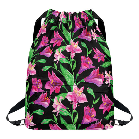 Purple Alstroemeria Pattern Print Drawstring Backpack