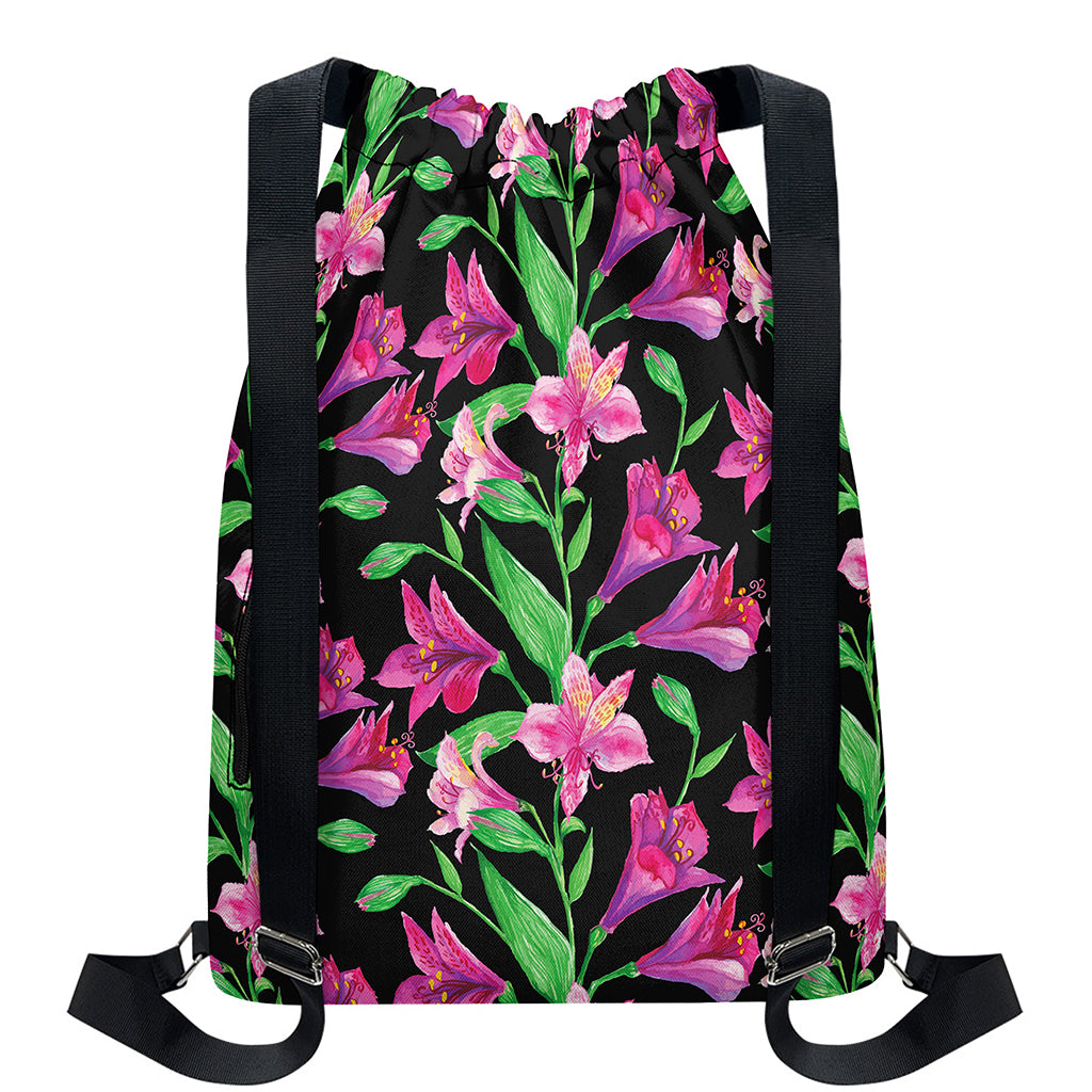 Purple Alstroemeria Pattern Print Drawstring Backpack
