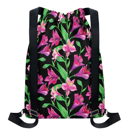 Purple Alstroemeria Pattern Print Drawstring Backpack