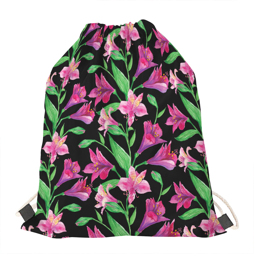 Purple Alstroemeria Pattern Print Drawstring Bag