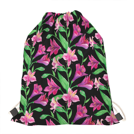Purple Alstroemeria Pattern Print Drawstring Bag
