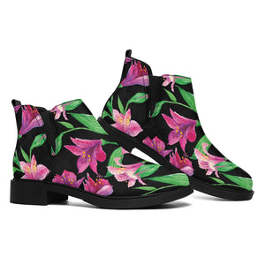 Purple Alstroemeria Pattern Print Flat Ankle Boots