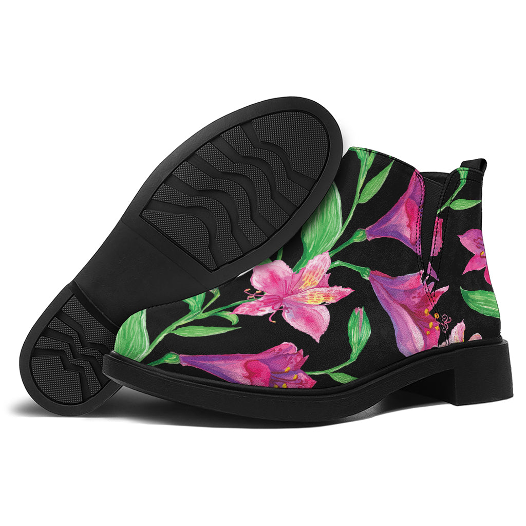 Purple Alstroemeria Pattern Print Flat Ankle Boots