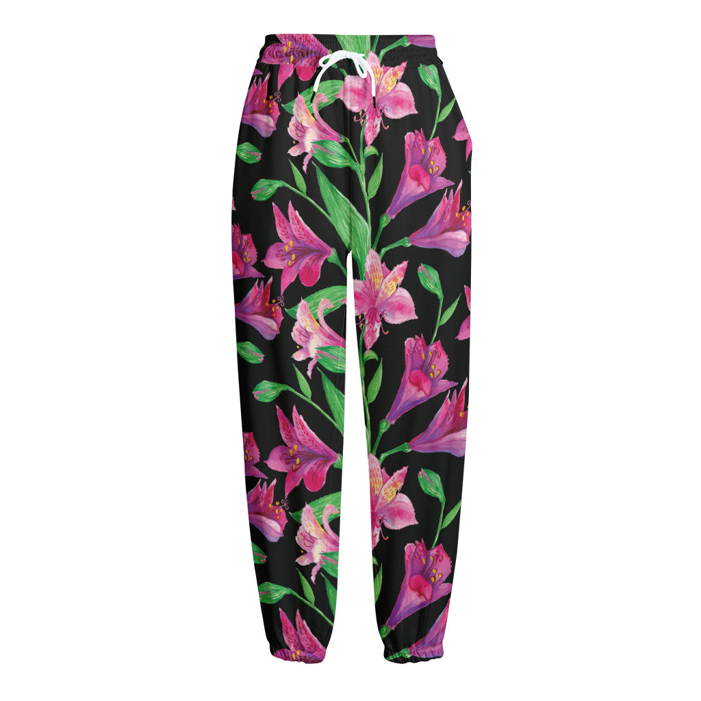 Purple Alstroemeria Pattern Print Fleece Lined Knit Pants