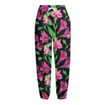 Purple Alstroemeria Pattern Print Fleece Lined Knit Pants