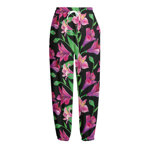 Purple Alstroemeria Pattern Print Fleece Lined Knit Pants