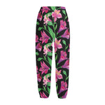 Purple Alstroemeria Pattern Print Fleece Lined Knit Pants