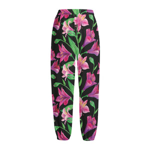 Purple Alstroemeria Pattern Print Fleece Lined Knit Pants