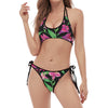 Purple Alstroemeria Pattern Print Halter Scoop Tie Side Bikini