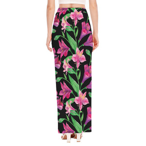 Purple Alstroemeria Pattern Print High Slit Maxi Skirt