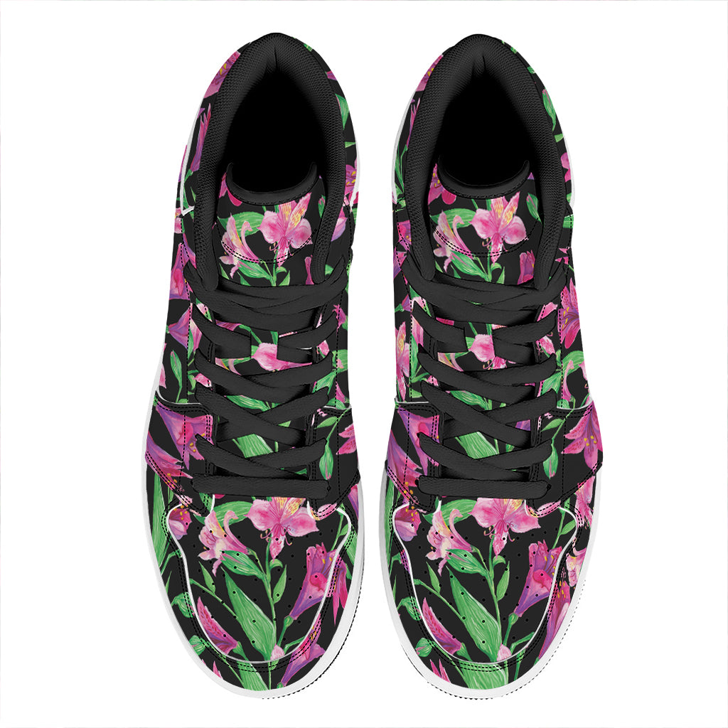 Purple Alstroemeria Pattern Print High Top Leather Sneakers