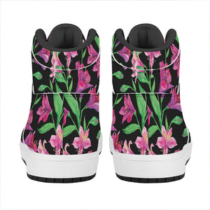 Purple Alstroemeria Pattern Print High Top Leather Sneakers