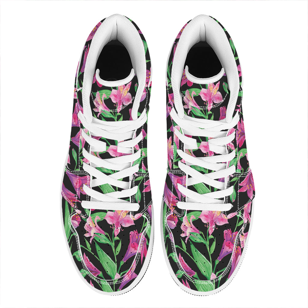 Purple Alstroemeria Pattern Print High Top Leather Sneakers