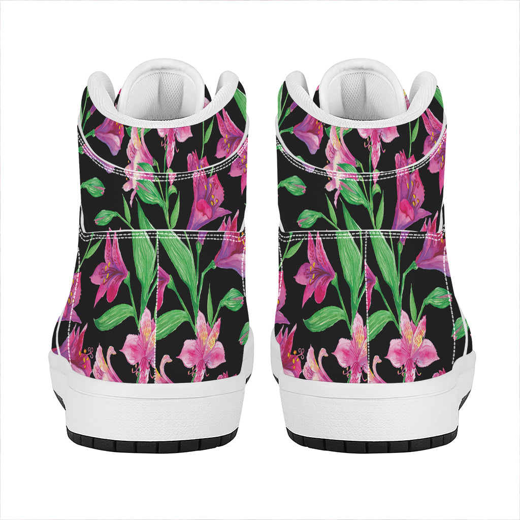 Purple Alstroemeria Pattern Print High Top Leather Sneakers