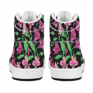 Purple Alstroemeria Pattern Print High Top Leather Sneakers