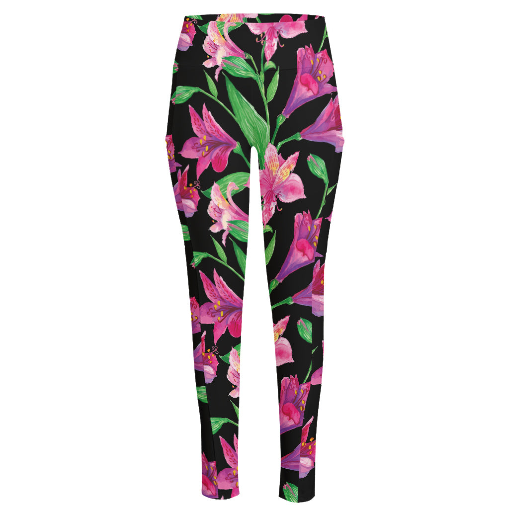 Purple Alstroemeria Pattern Print High-Waisted Pocket Leggings