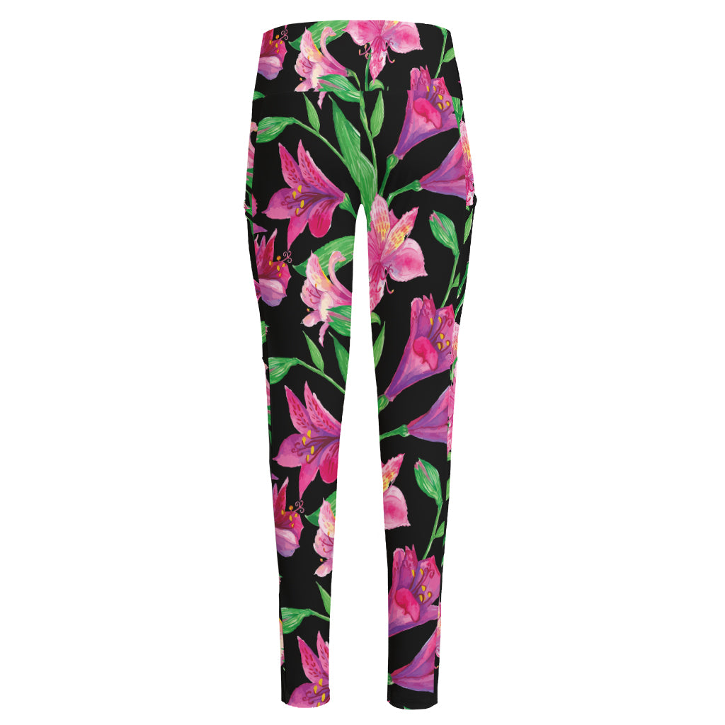 Purple Alstroemeria Pattern Print High-Waisted Pocket Leggings