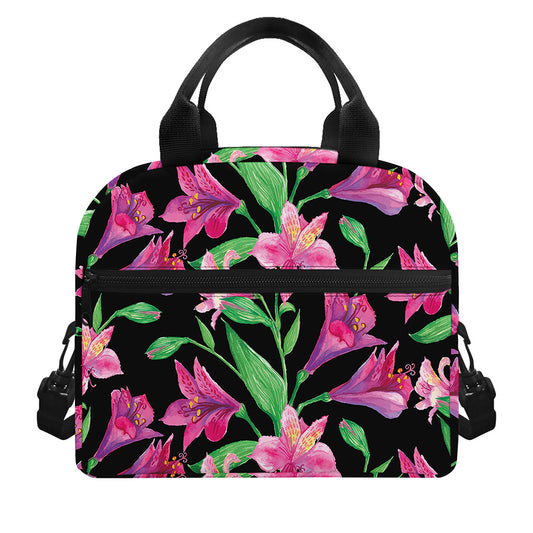 Purple Alstroemeria Pattern Print Insulated Lunch Bag
