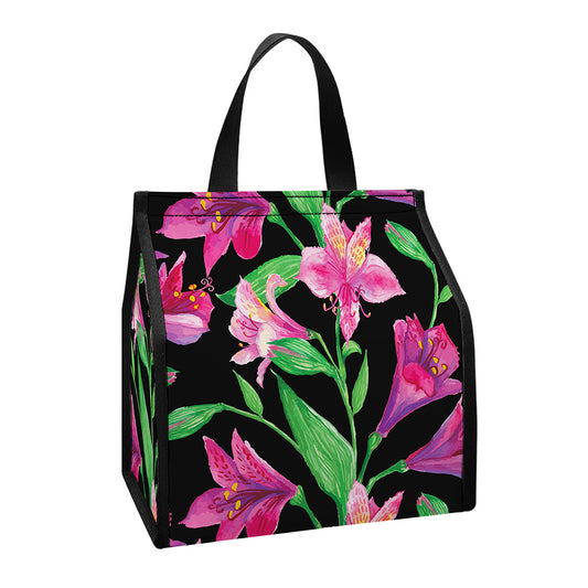 Purple Alstroemeria Pattern Print Insulated Lunch Tote