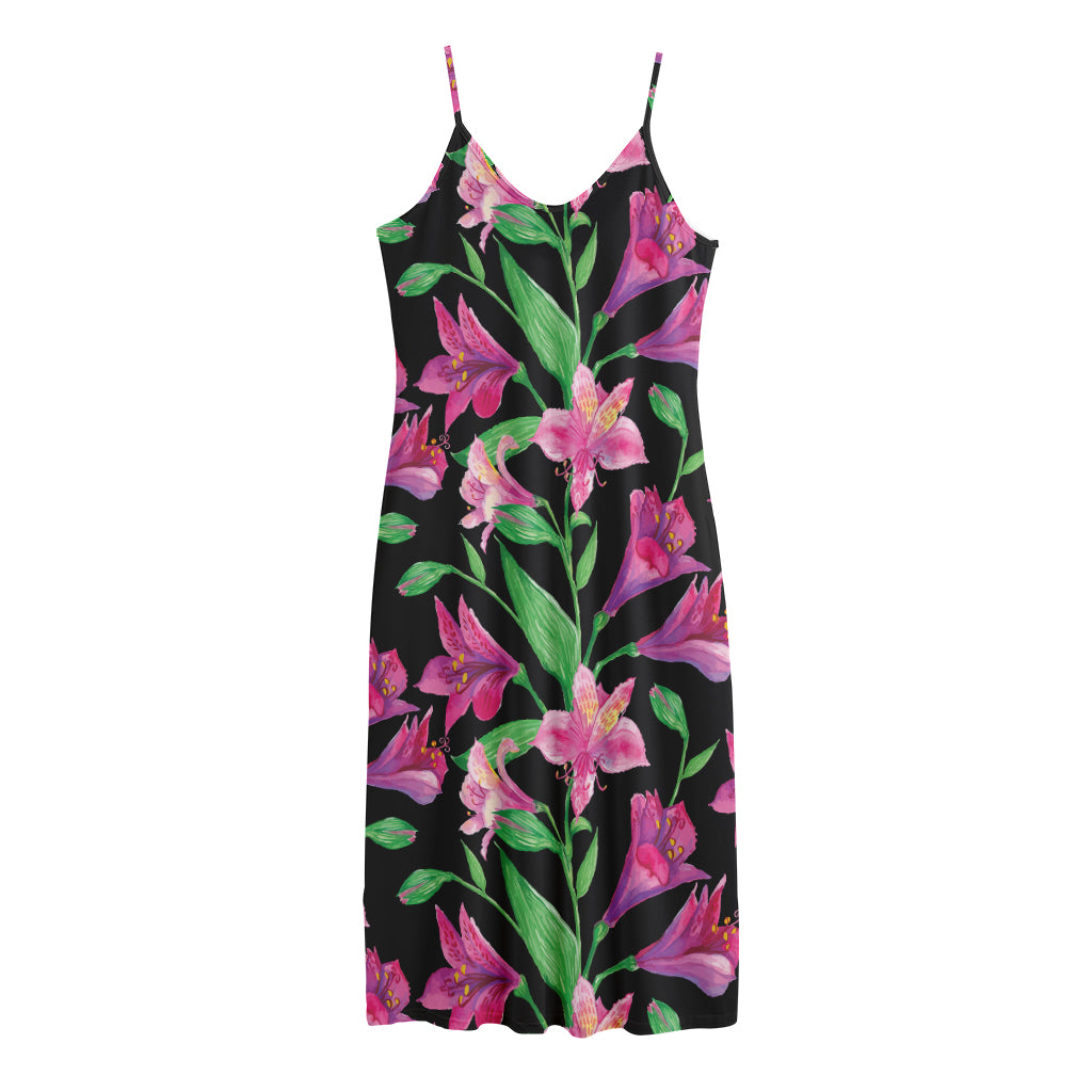 Purple Alstroemeria Pattern Print Jersey Midi Cami Dress