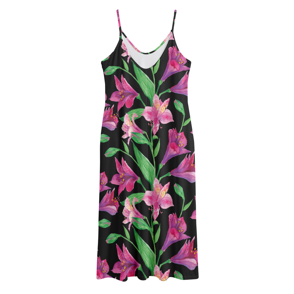 Purple Alstroemeria Pattern Print Jersey Midi Cami Dress