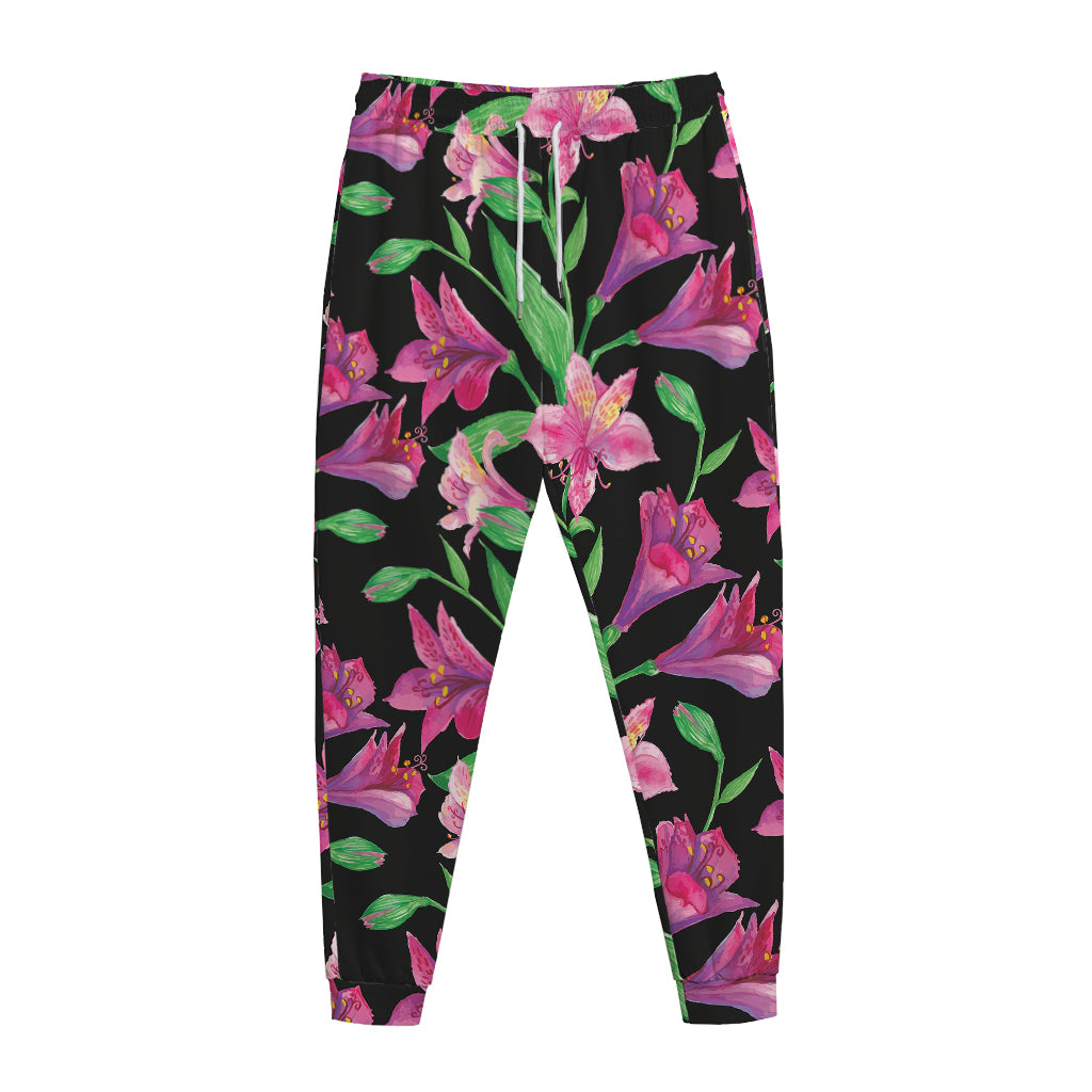 Purple Alstroemeria Pattern Print Jogger Pants