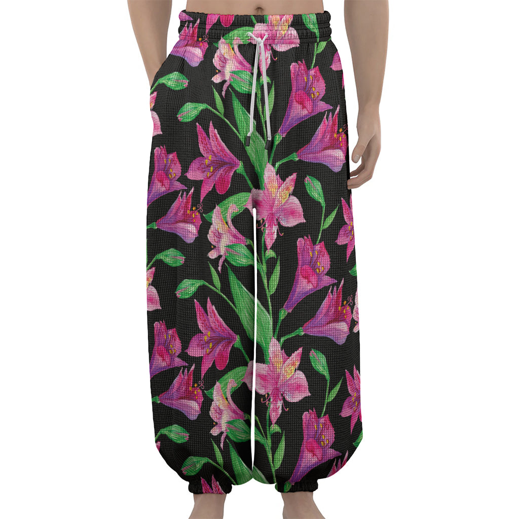 Purple Alstroemeria Pattern Print Lantern Pants