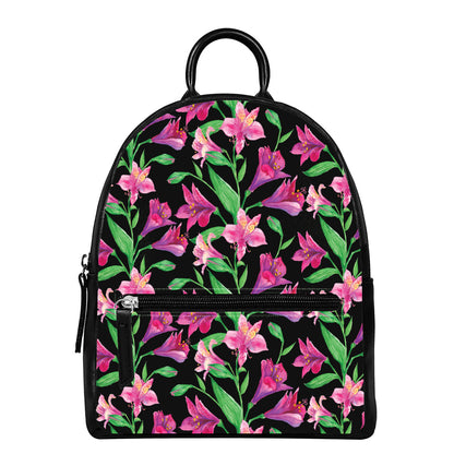 Purple Alstroemeria Pattern Print Leather Backpack